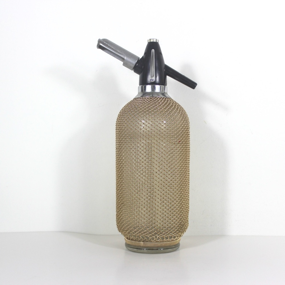 Mid Century Modern Seltzer Bottle with Gold Metal Mesh Casing Czechoslovakia